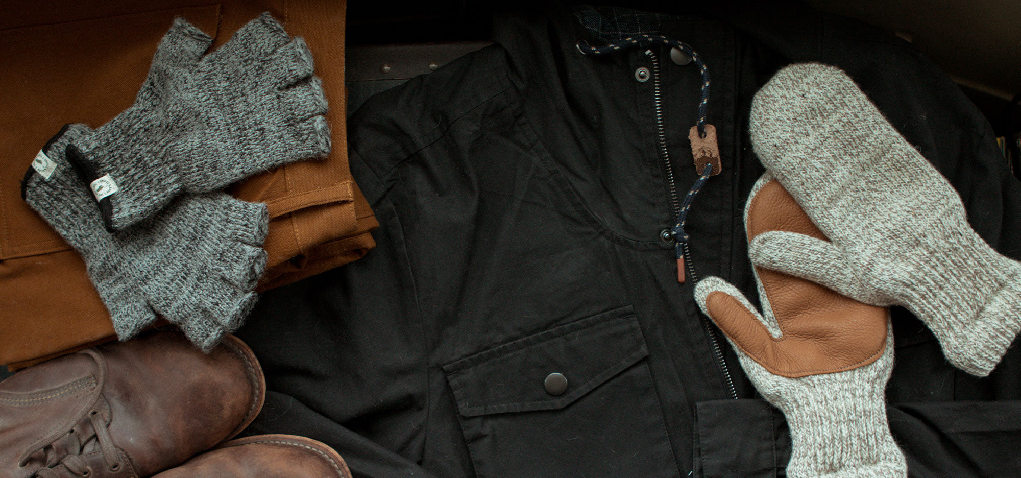wool gloves, waxed canvas hats, wool beanies, wool scarves