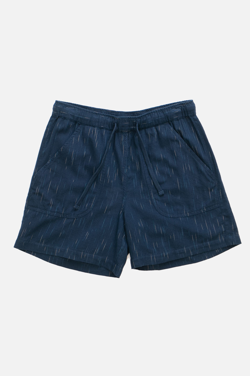 The Nico Short in Navy Space Dye by Bridge & Burn features organic cotton, an elastic waist, subtle white vertical dash patterns, and side pockets—perfectly comfortable summer shorts shown flat on a white background.