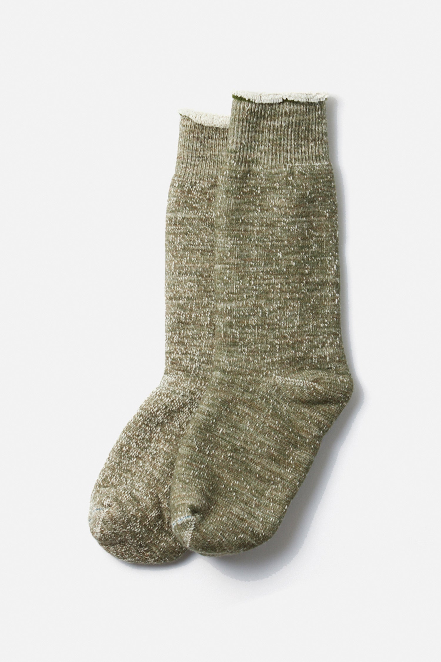 RoToTo Double Face Crew Socks in Army Green—crew-length, speckled organic cotton socks with ribbed cuffs by RoToTo, made in Japan, shown against a plain white background.