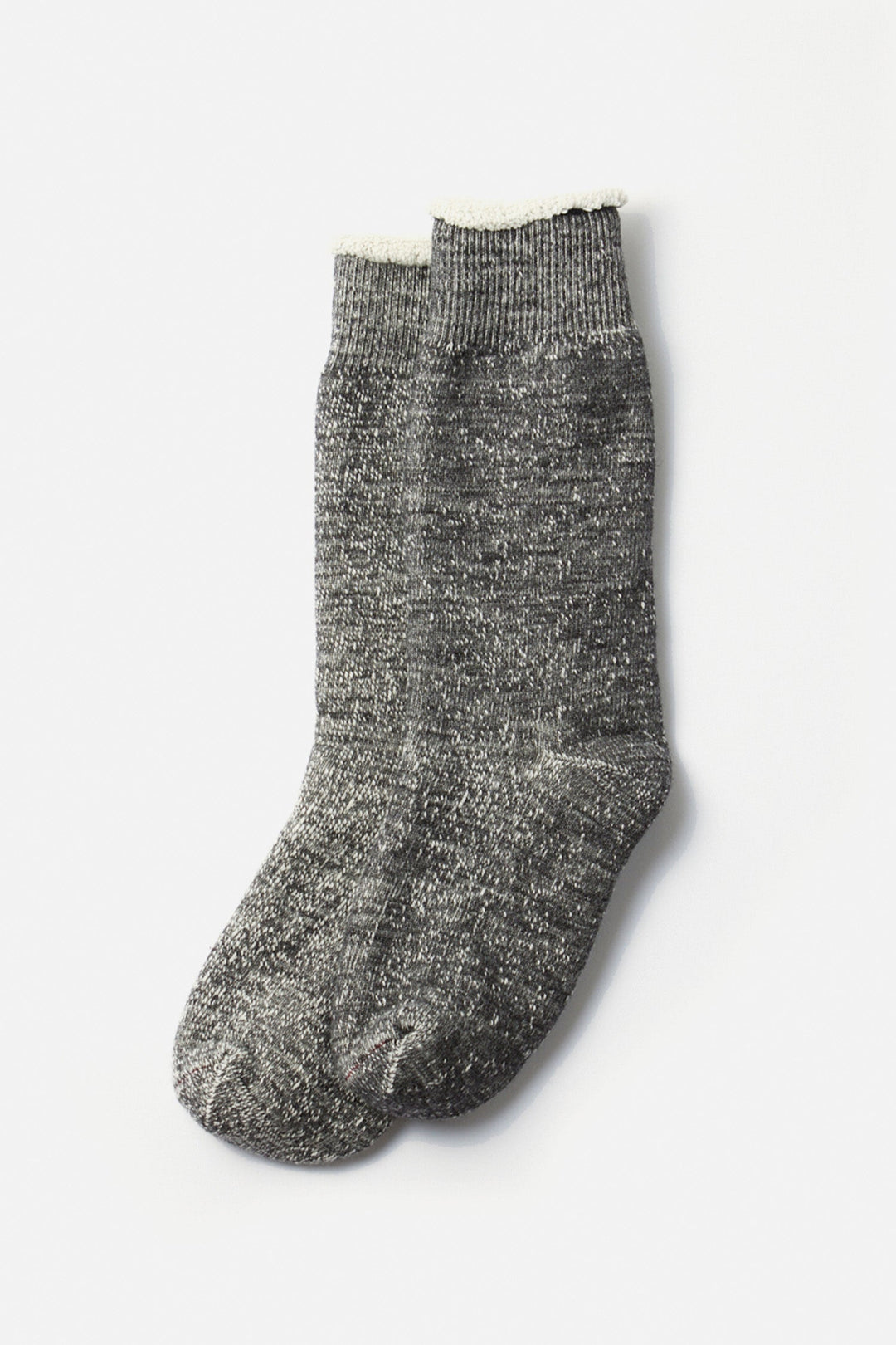 A pair of RoToTo Double Face Crew Socks in Charcoal, made in Japan from soft merino wool with a ribbed cuff, is laid flat against a white background.