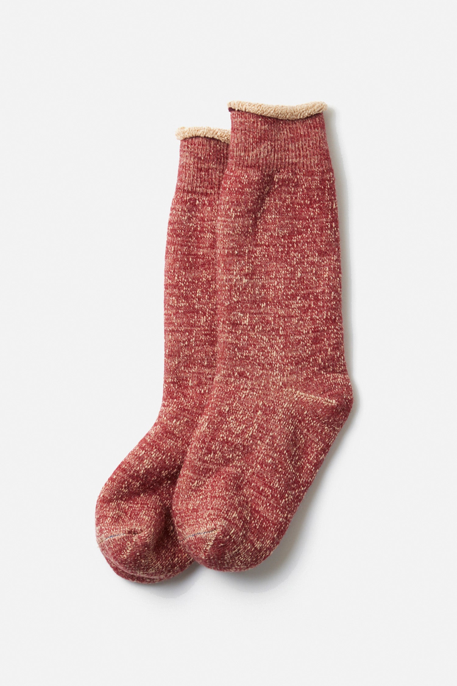 A pair of RoToTo Double Face Crew Socks in dark red brown are laid flat and slightly overlapping on a white background. Made in Japan, these cozy merino wool socks blend comfort with style.