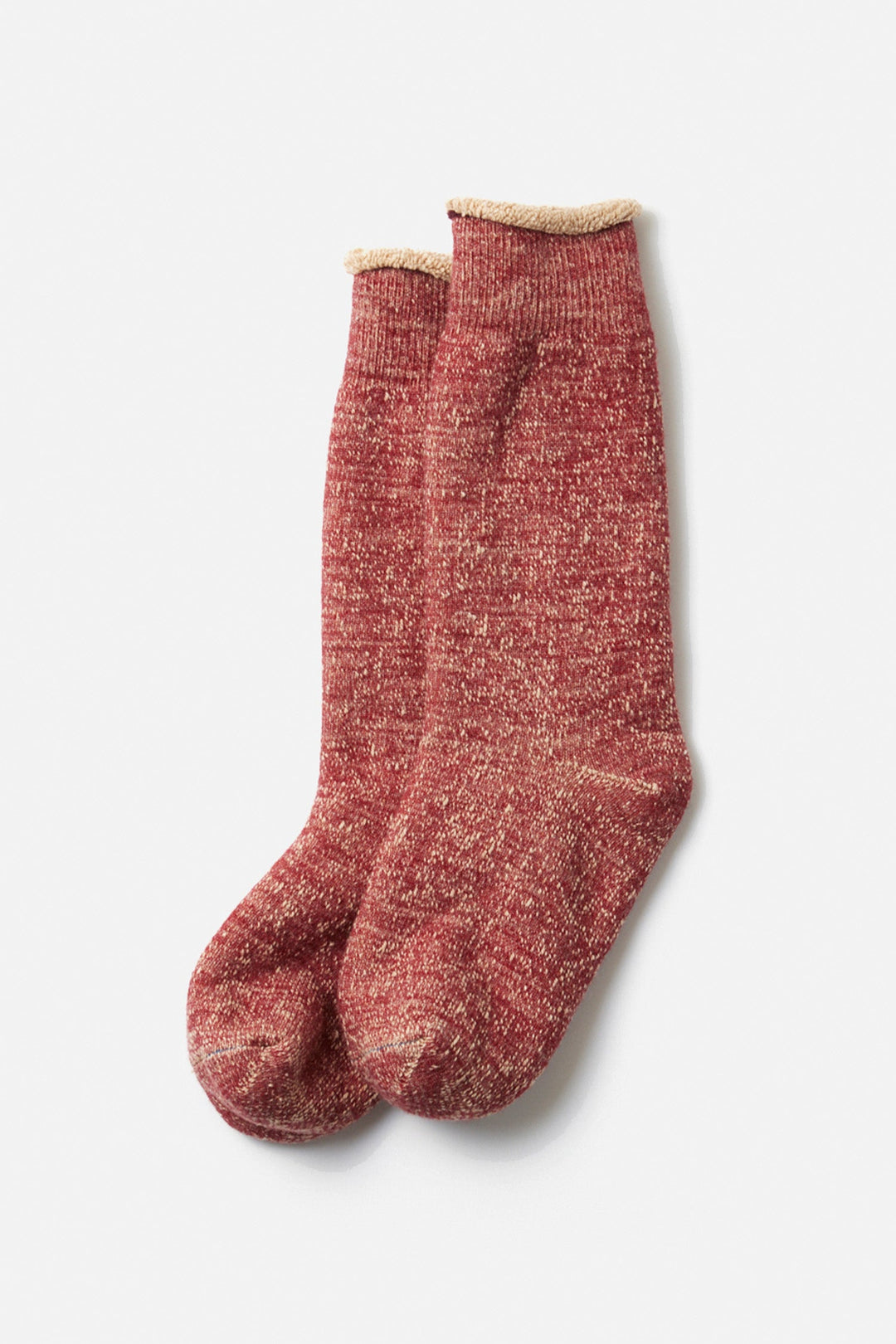 A pair of RoToTo Double Face Crew Socks in dark red brown are laid flat and slightly overlapping on a white background. Made in Japan, these cozy merino wool socks blend comfort with style.