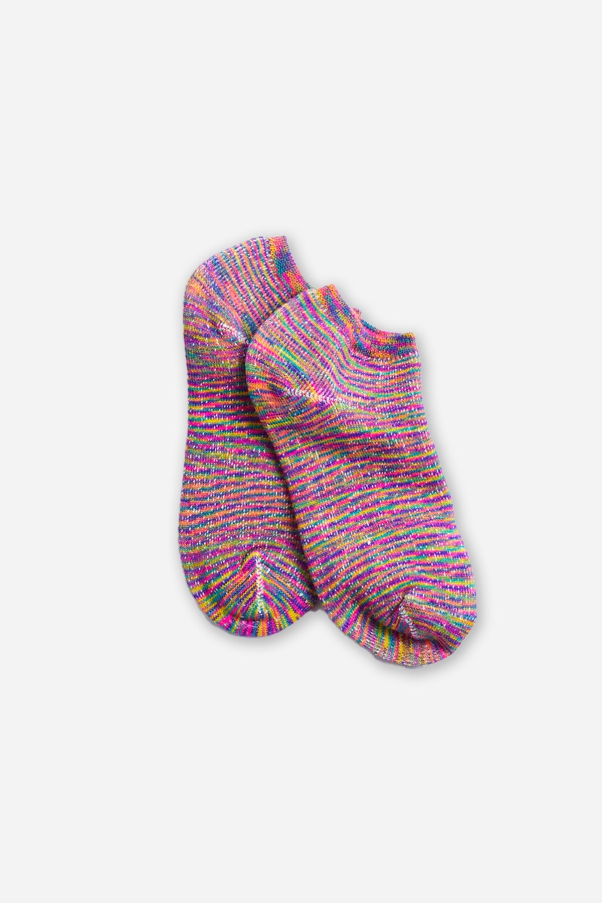 RoToTo Washi Pile Short Socks "Kasuri" / Rainbow by RoToTo: Japanese-made, low-cut knit socks featuring a vibrant rainbow kasuri pattern, shown on a plain white background.