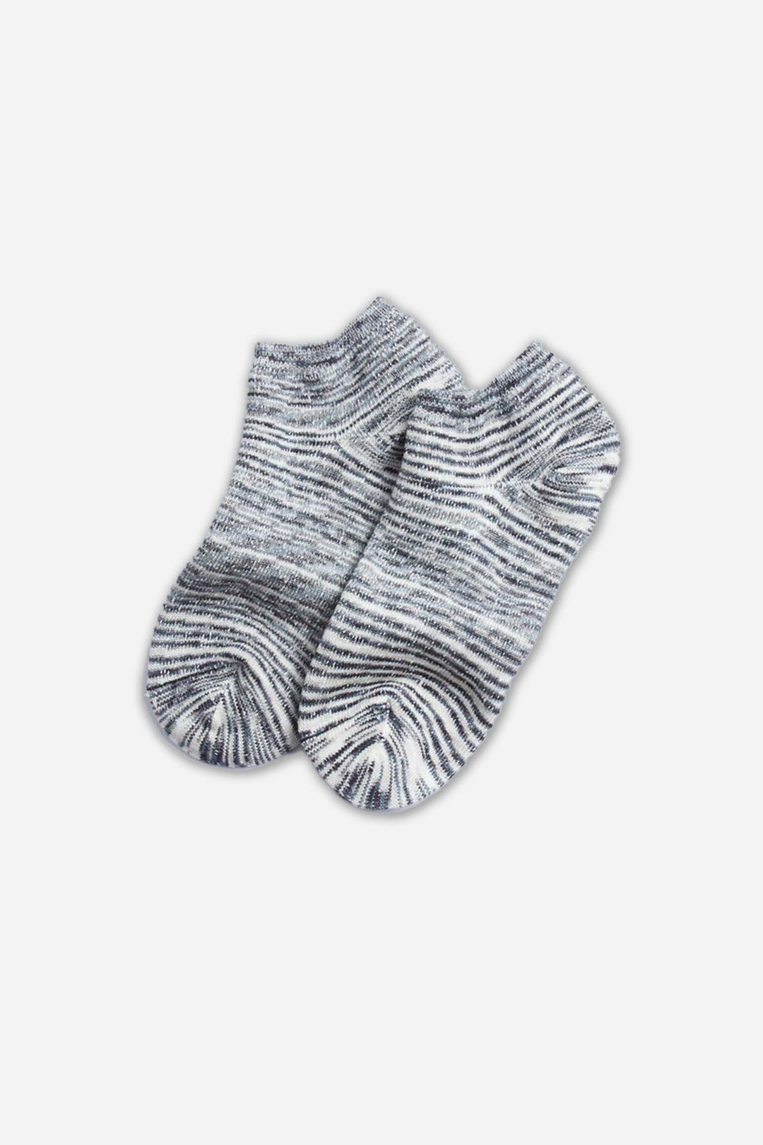 RoToTo Washi Pile Short Socks "Kasuri" / Rocks: low-cut black and white striped socks with a heathered pattern, made in Japan by RoToTo, shown against a plain white background.