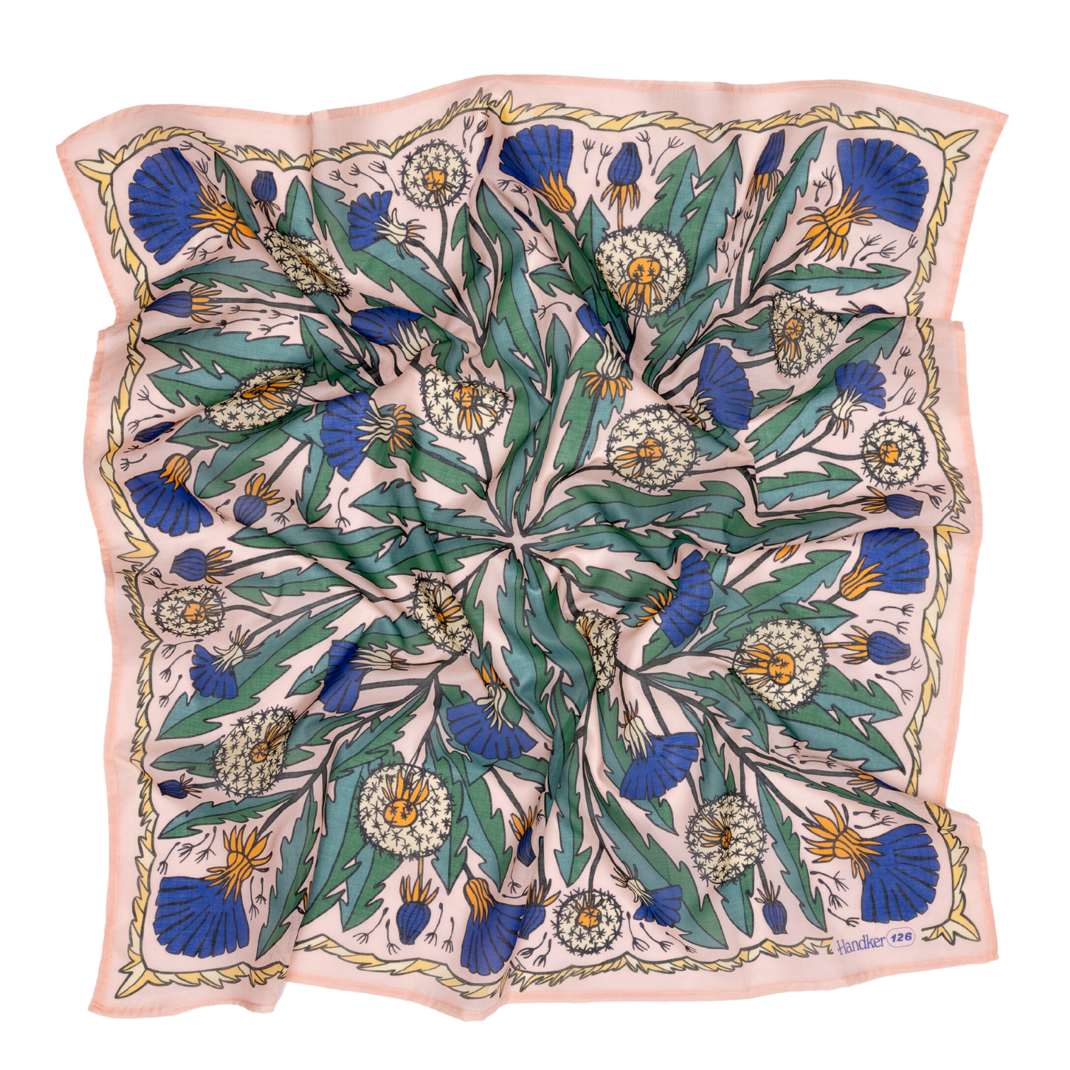 The Handker Bandanas 34" Dandy Wild Rag Bandana features an intricate floral pattern with green leaves, white dandelion-like flowers, and blue thistles on a pale background with a pink border, hand screen-printed for detail.