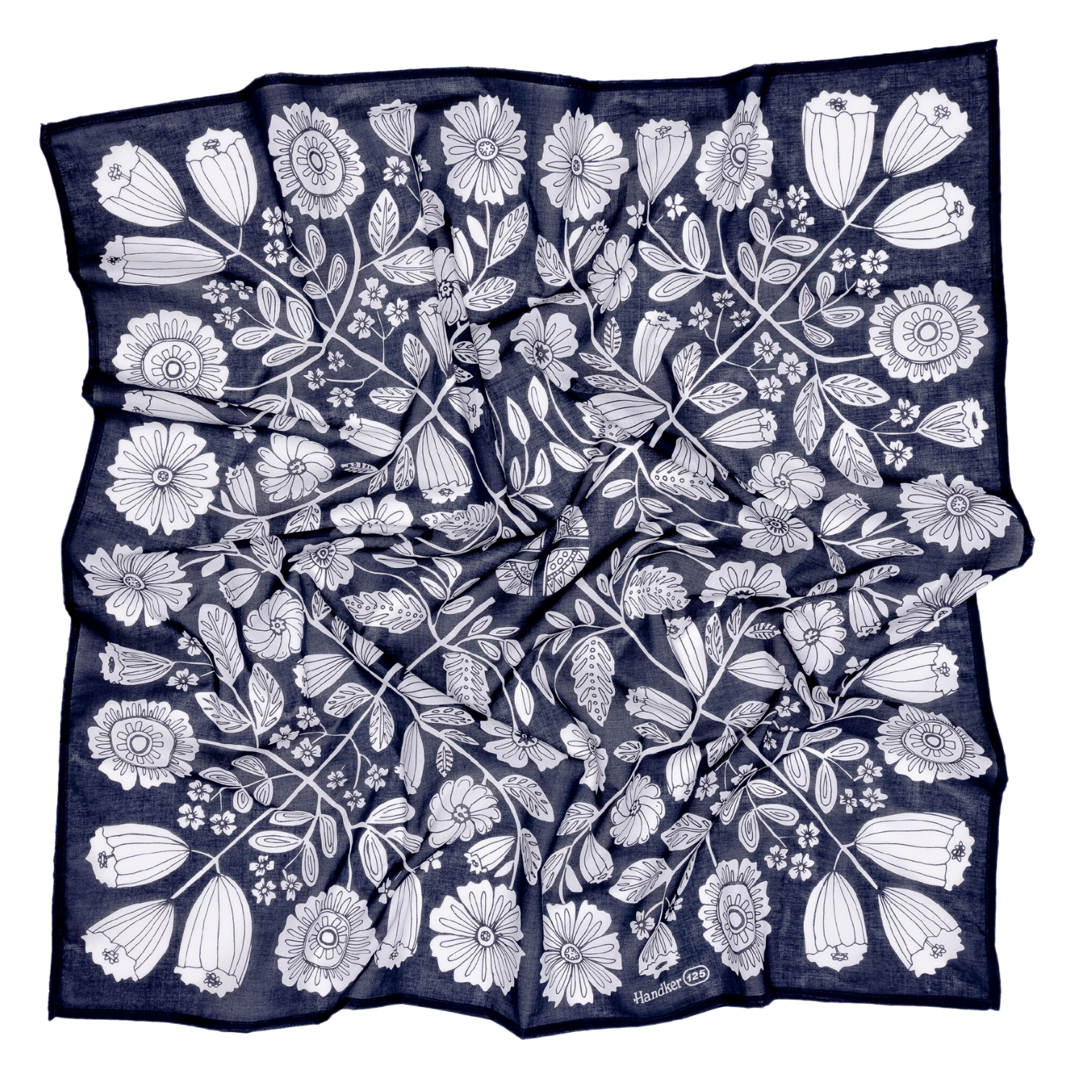 The Handker Bandanas 34" Wild Rag Fiona Bandana is a large navy cotton lawn scarf with a white floral pattern. Hand screen-printed for a slightly wrinkled look, it features stylized flowers and leaves in a nature-inspired design.