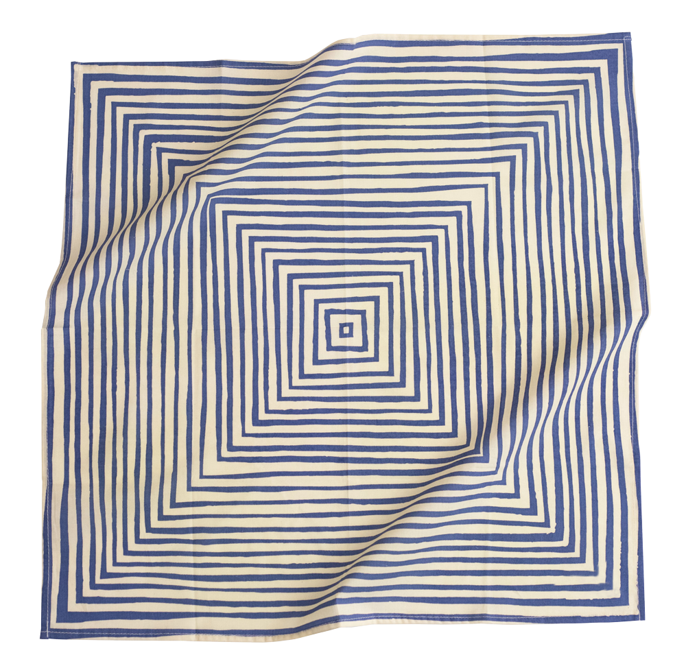 The Handker Bandanas - No. 015 Sammie Bandana by Handker Bandanas is a 22x22" cotton bandana featuring an off-center, concentric blue square line design on white. The hand screen-printed pattern appears slightly distorted from soft fabric wrinkles.