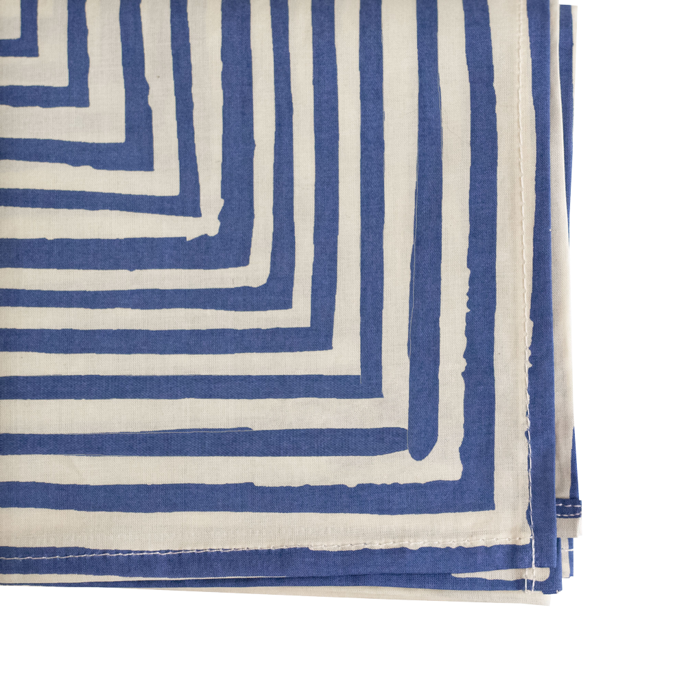 The Handker Bandanas - No. 015 Sammie Bandana by Handker Bandanas is a 22x22 inch cotton bandana, hand screen-printed with blue and white geometric concentric rectangles for an abstract, modern look.