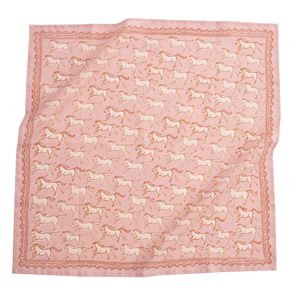 The Handker Bandanas - No. 062 Horses Bandana by Handker Bandanas features a light pink base with galloping horses in varied pinks and a geometric border, adding a playful touch to any outfit.