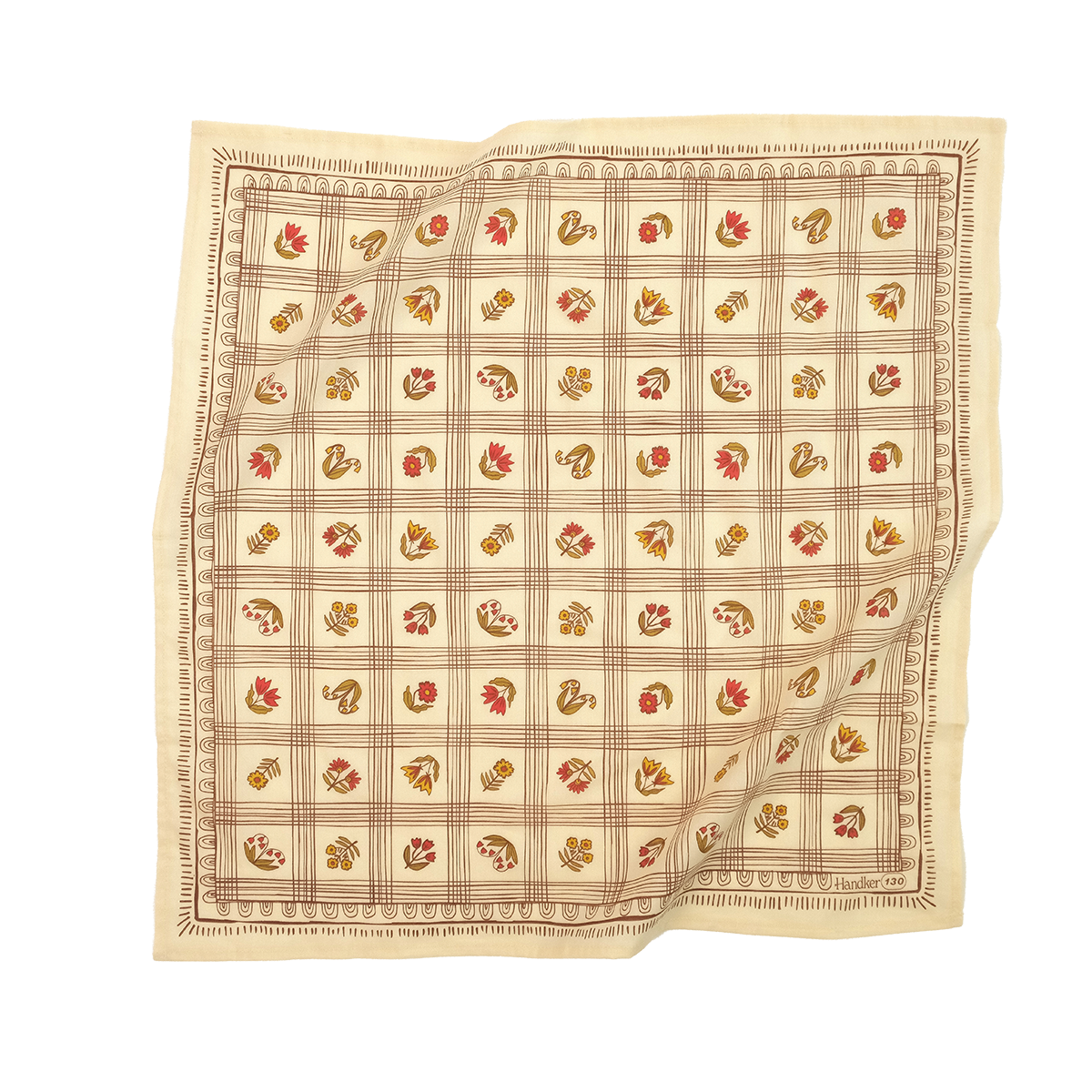 The Handker Bandanas - No. 130 Laura Bandana is a square beige premium cotton accessory with a grid of small red, yellow, and brown floral and leaf motifs, hand screen-printed by Handker Bandanas and showcasing both sides beautifully.
