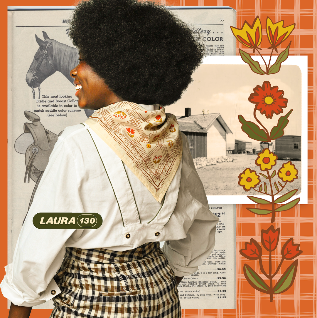 A smiling woman with a large afro, wearing a plaid skirt, white blouse, and the Handker Bandanas - No. 130 Laura Bandana by Handker Bandanas, stands before vintage horse catalogs, a sepia house photo, and orange-yellow flower illustrations.
