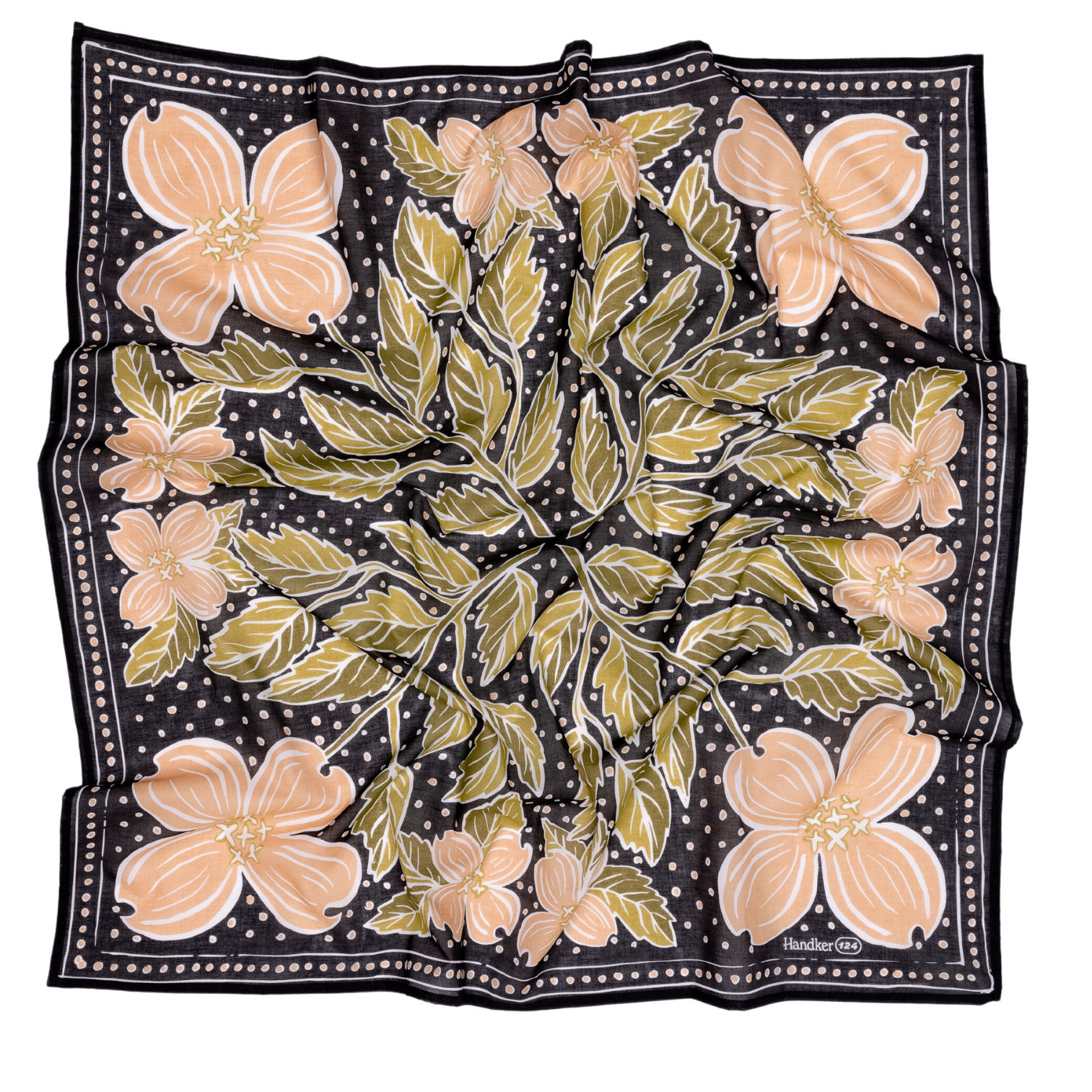 The Handker Bandanas - 34" Wild Rag Amy Bandana by Handker Bandanas features a black cotton lawn background with large peach flowers, green leaves, white polka dots, and a slim white border for an elegant, versatile style.