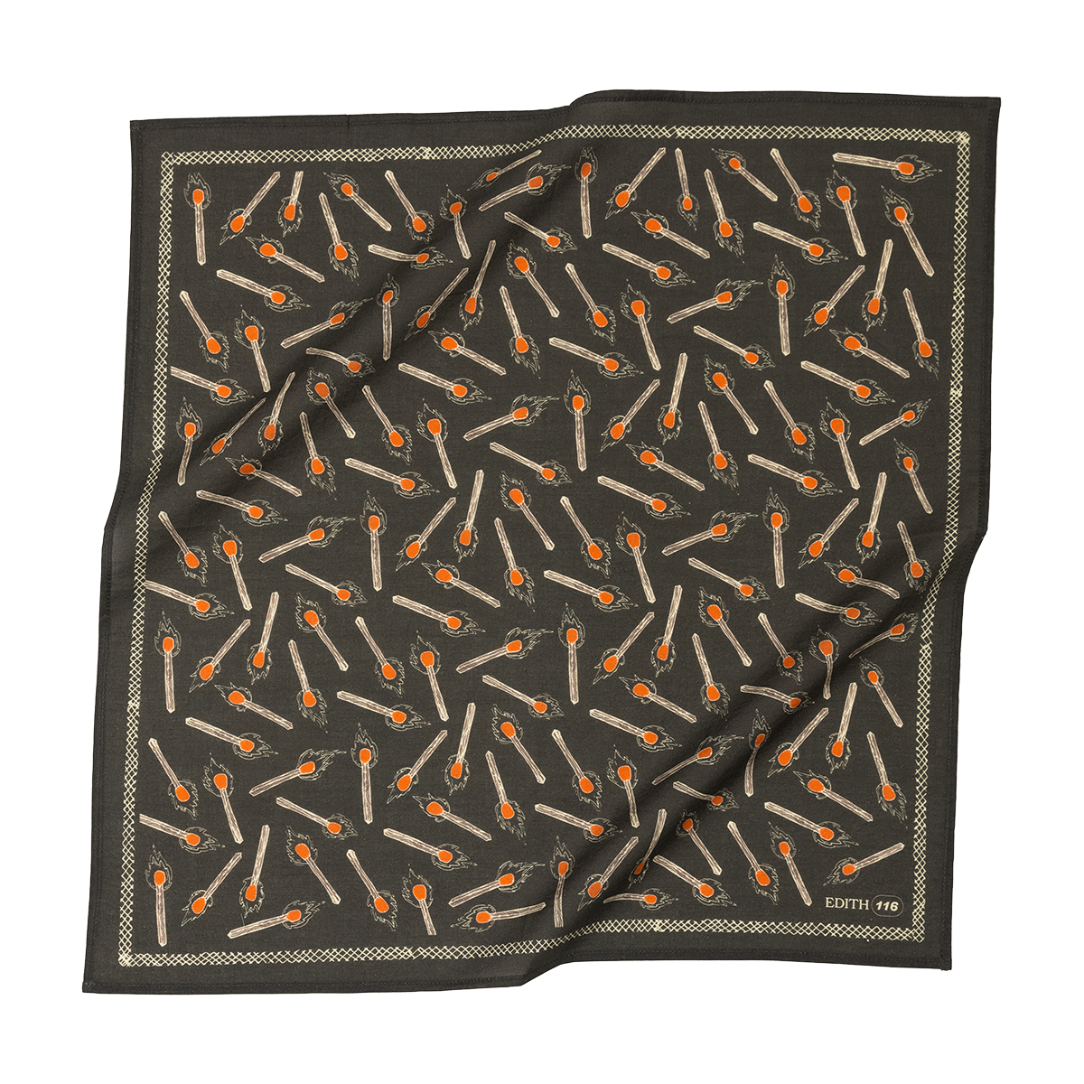 The Handker Bandanas - No. 116 Edith Bandana by Handker Bandanas is a charcoal gray bandana with a repeating pattern of orange-tipped spoons, a thin patterned border, and "EDITH 410" printed in one corner.