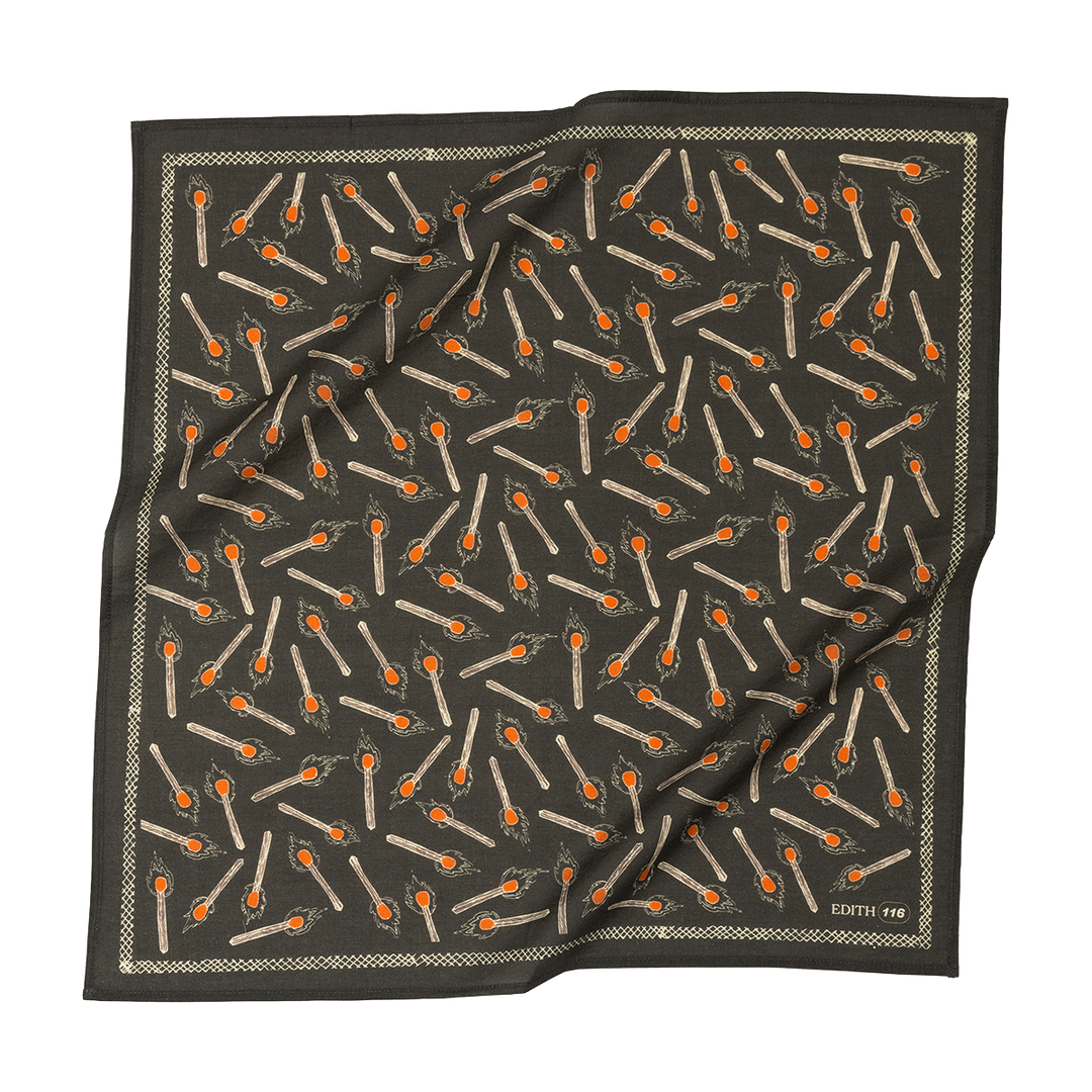 The Handker Bandanas - No. 116 Edith Bandana by Handker Bandanas is a charcoal gray bandana with a repeating pattern of orange-tipped spoons, a thin patterned border, and "EDITH 410" printed in one corner.