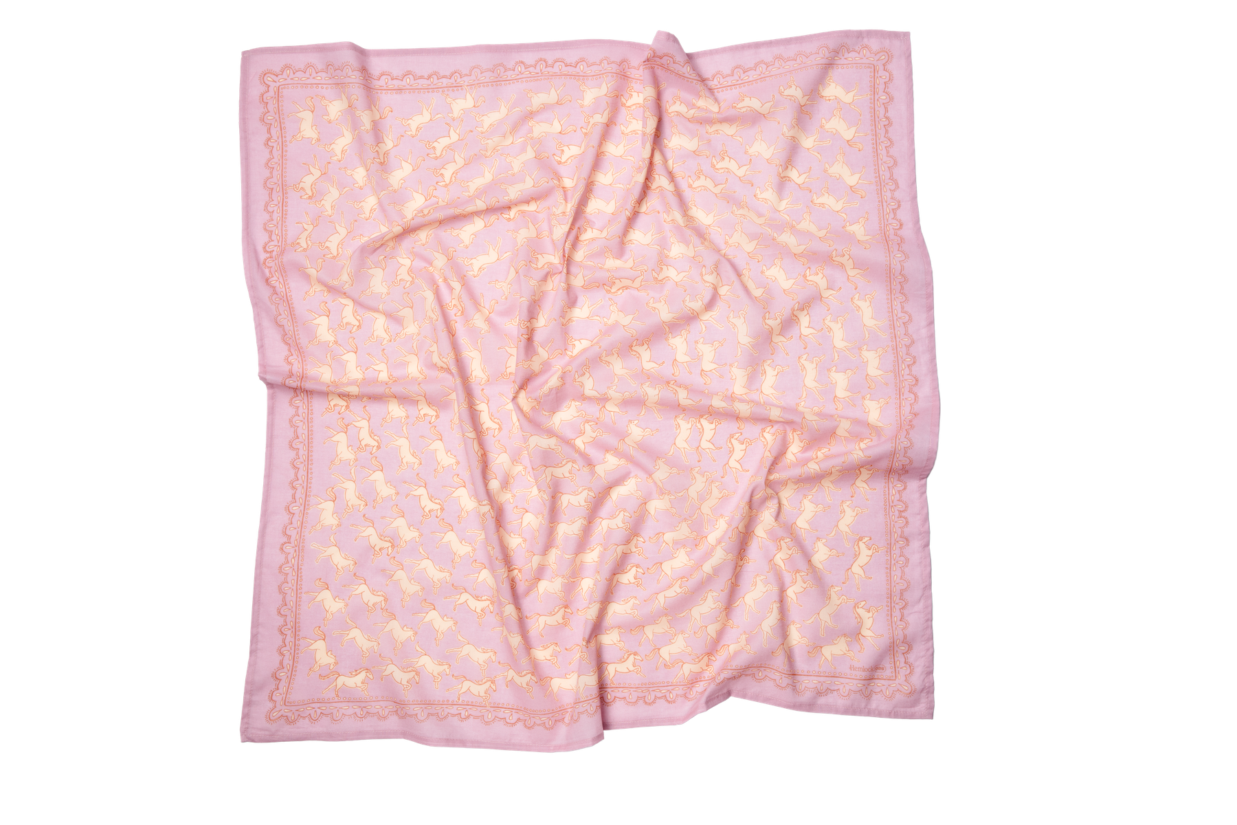 The Handker Bandanas 34" Wild Rag Horses Bandana by Handker Bandanas is a soft cotton bandana displayed flat, featuring a repeating horse pattern and a decorative border.