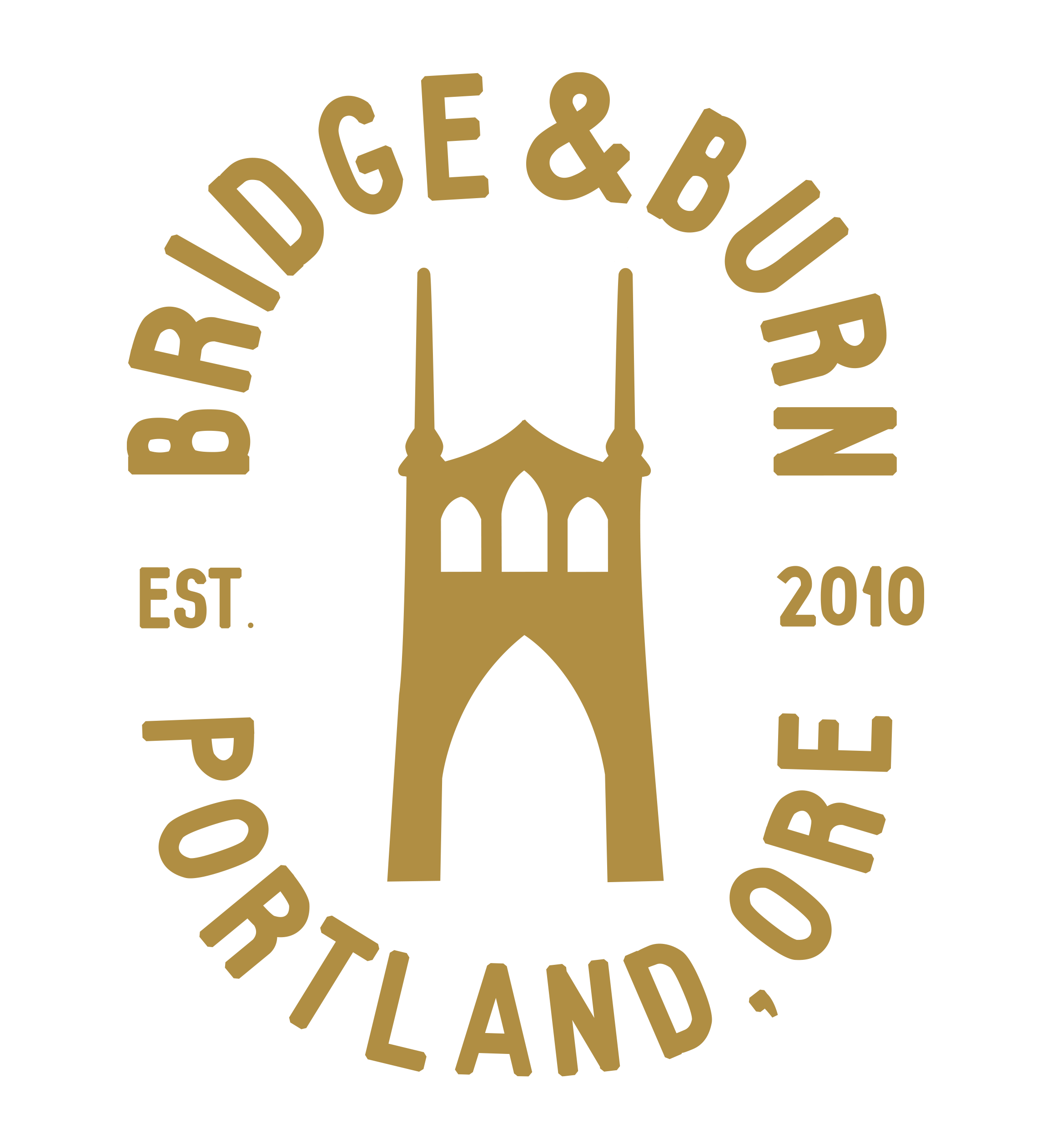 Circular gold logo with the text “BRIDGE & BURN PORTLAND, ORE EST. 2010” surrounding a stylized illustration of a bridge with two towers, all on a white background.