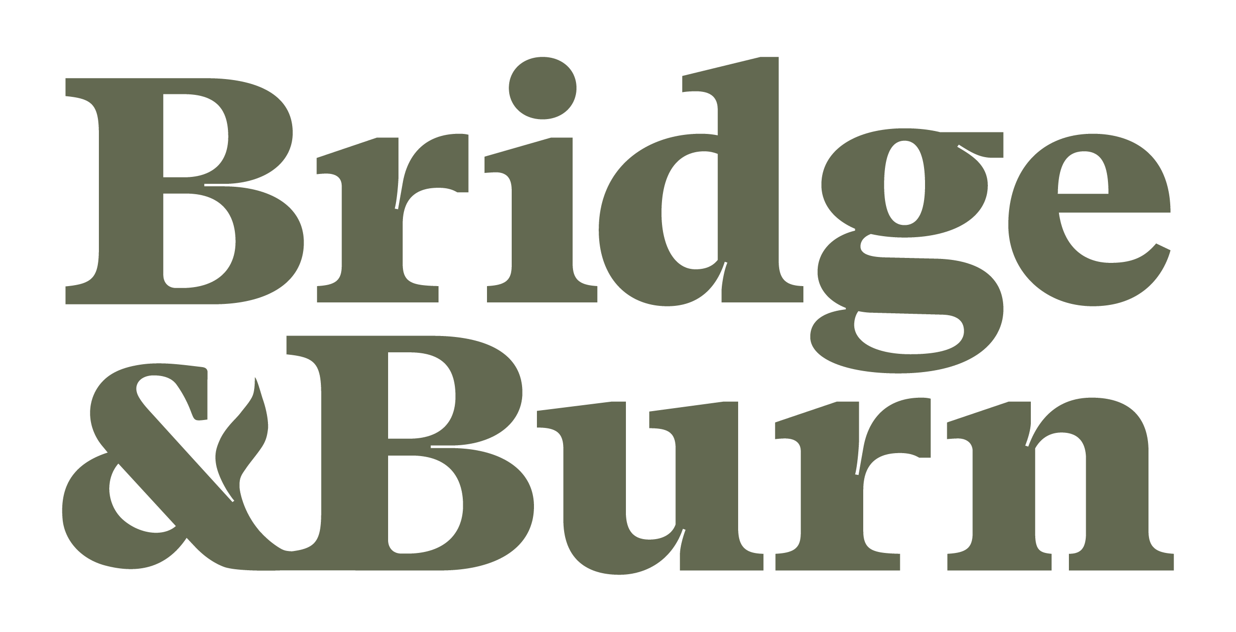 The image shows the words Bridge & Burn in large, bold, olive green serif letters. The ampersand has a decorative flame detail, suggesting a play on the words burn.