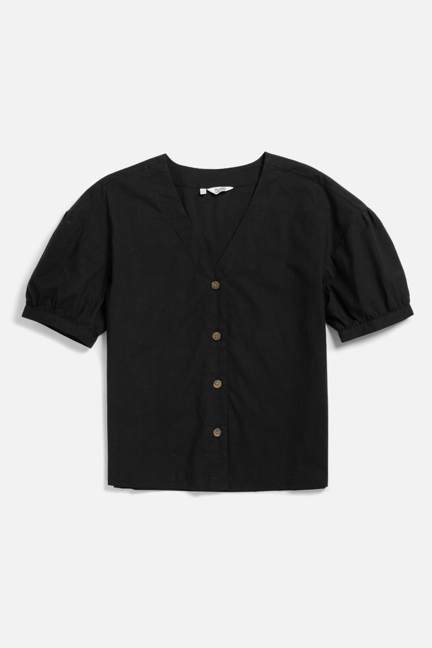 The Bridge & Burn Charlotte Shirt in Black Poplin is a V-neck blouse with puffed gathered sleeves and four brown buttons, made from soft fabric and shown flat on a white background.