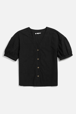 The Bridge & Burn Charlotte Shirt in Black Poplin is a V-neck blouse with puffed gathered sleeves and four brown buttons, made from soft fabric and shown flat on a white background.