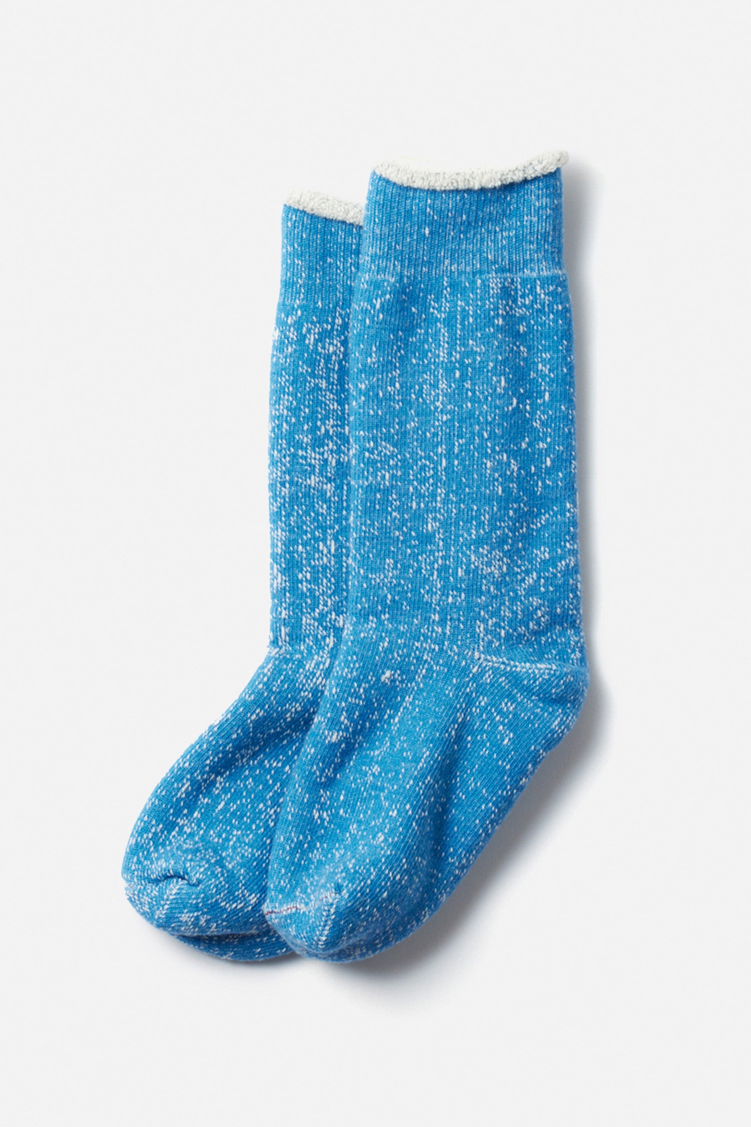 A pair of RoToTo Double Face Crew Socks in blue, crafted from organic cotton with white cuffs, are laid side by side on a plain white background. Made in Japan by RoToTo.
