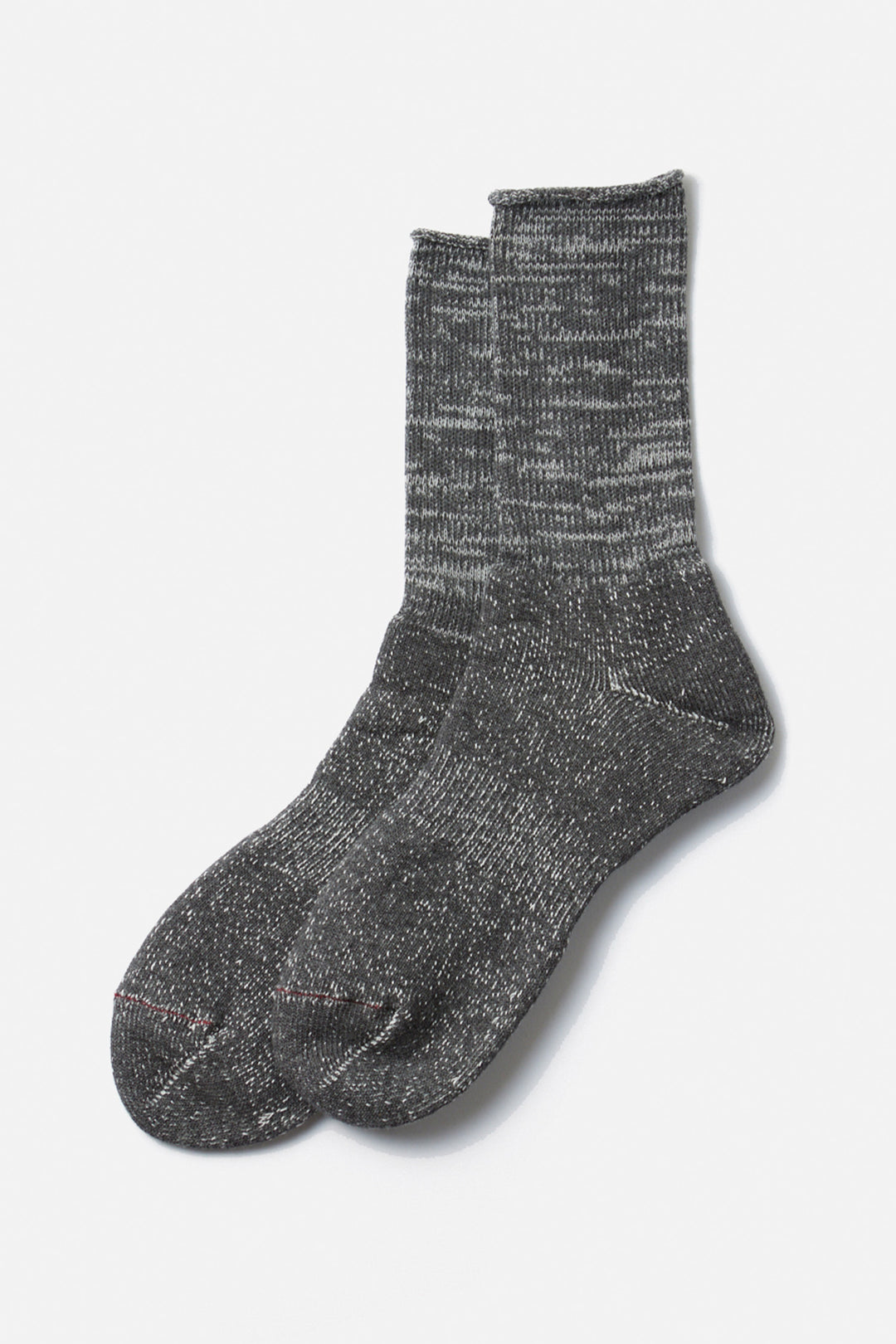 A pair of RoToTo Washi Pile Crew Socks in charcoal, featuring a textured knit pattern and crafted from Japanese paper yarn, displayed on a white background.