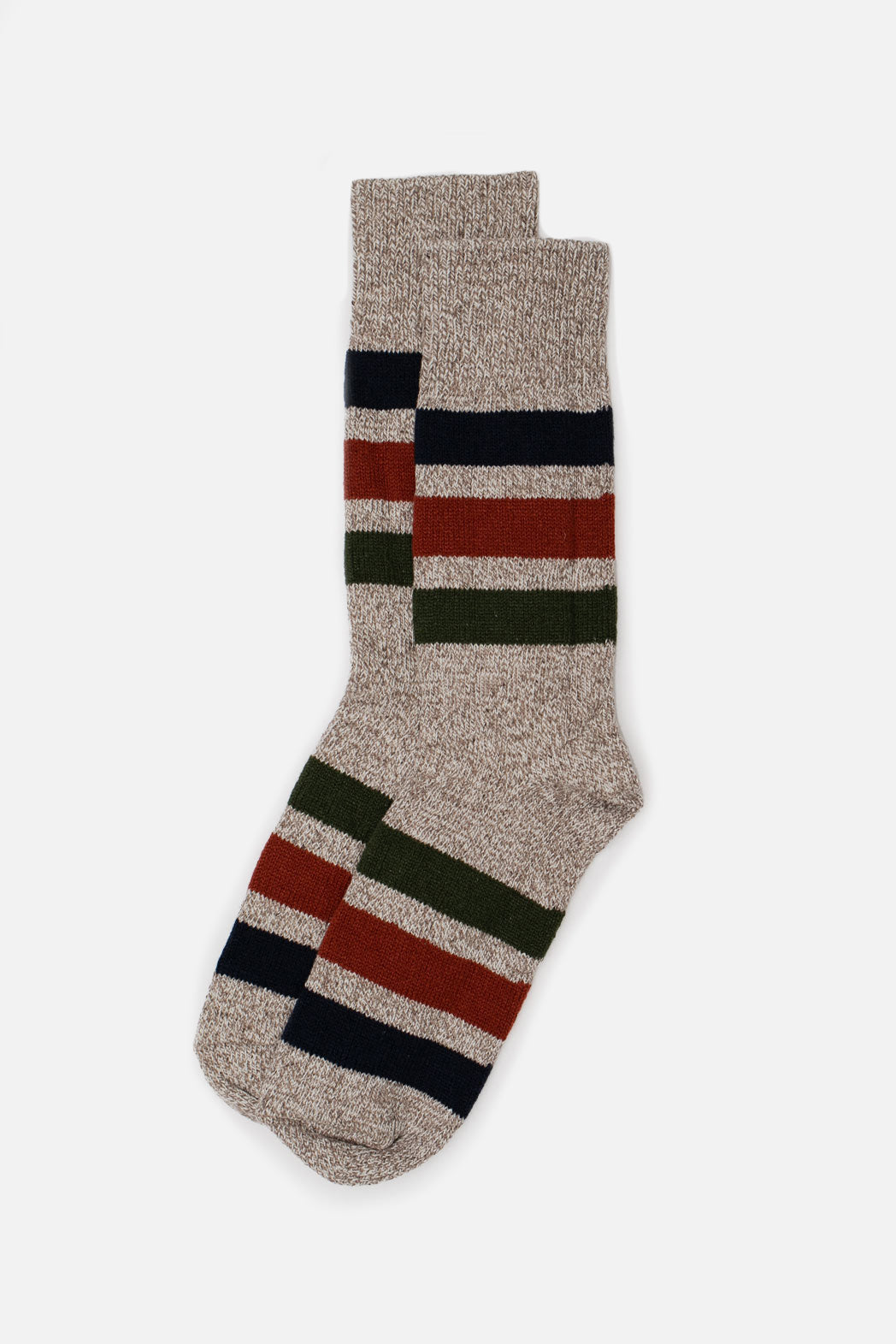 RoToTo Park Stripe Crew Socks in beige feature chunky stripes in dark green, rust red, and navy blue. Laid flat on a white background.