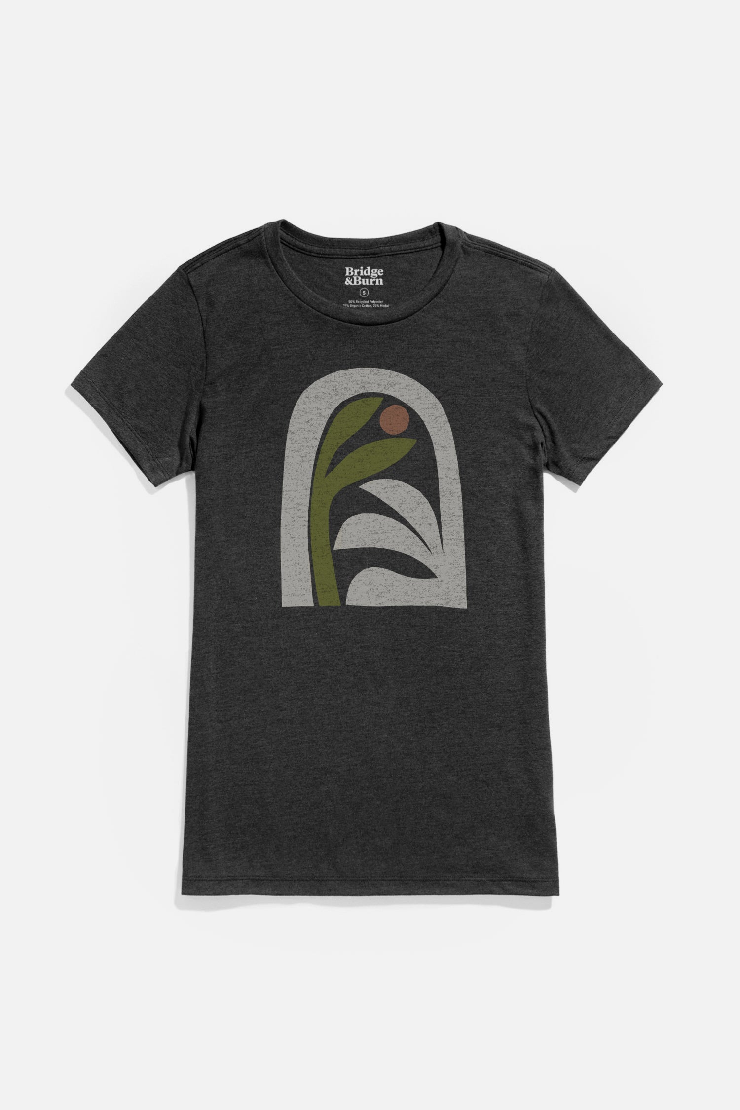 Bridge & Burn Women's Arch Tee in Charcoal—a lightweight dark gray top with a minimalist abstract front graphic: curved olive green, beige shapes, and a small brown circle within a light gray arch.