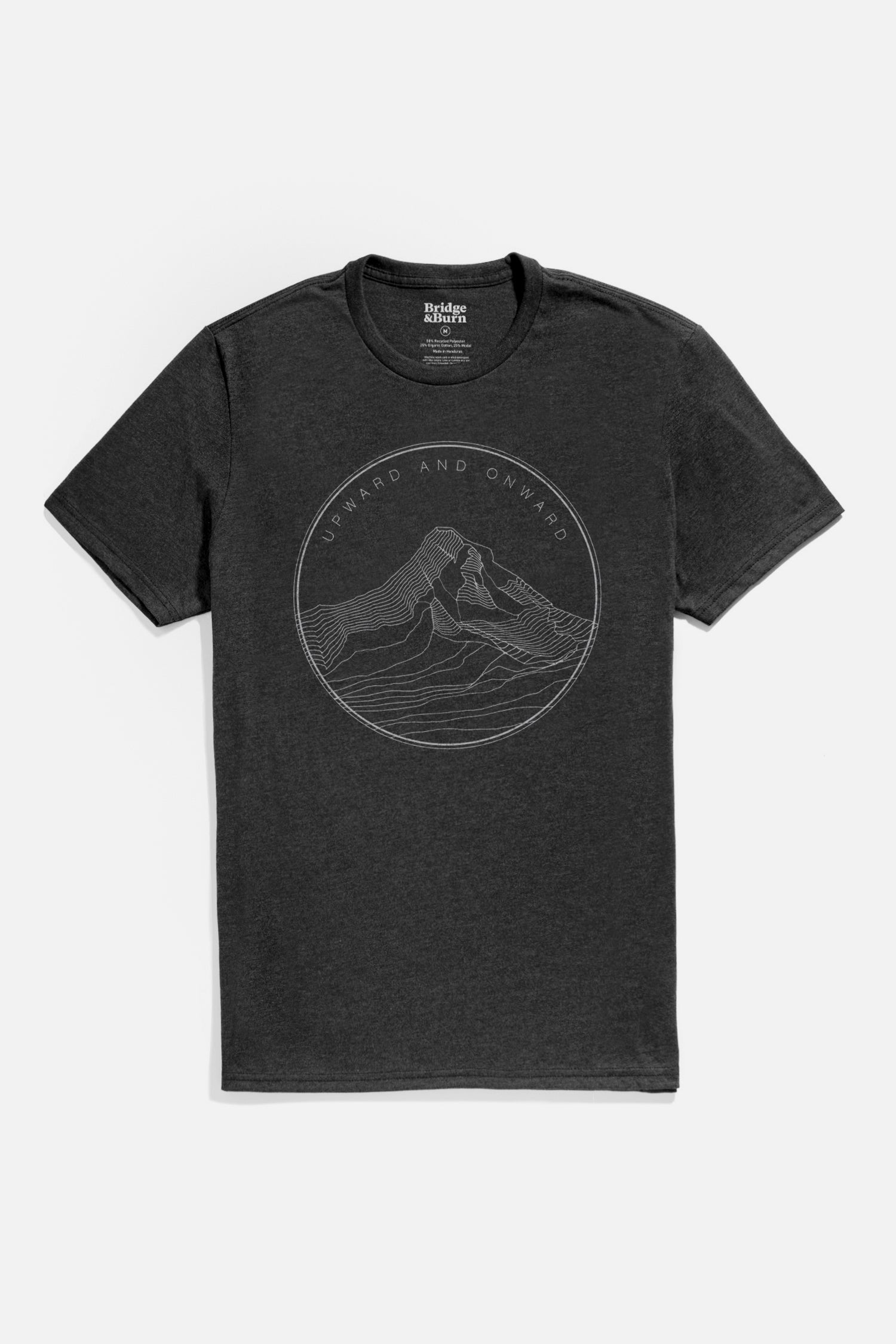 The Bridge & Burn Men's Upward and Onward Tee in black is a lightweight shirt featuring a circular mountain and wave line art with “Upward and Onward” above the design.