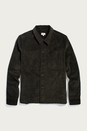 The Bridge & Burn Banks Shirt Jacket in Deep Pine Corduroy features a button-down front, collar, long sleeves, and two chest pockets, displayed flat on a light background.