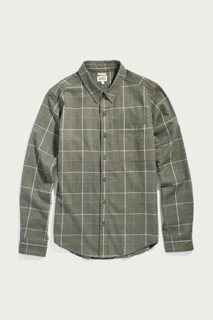 The Bridge & Burn Larson Shirt in Rosemary Twill Windowpane is a classic fit, long-sleeve button-up with a chest pocket and pointed collar, shown laid flat on a white background.