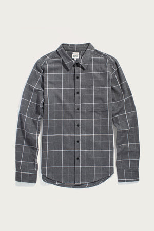 The Bridge & Burn Larson Shirt in Shadow Twill Windowpane is a classic fit, long-sleeve button-up with a black and white grid pattern, soft brushed flannel, collar, and chest pocket—shown on a plain white background.