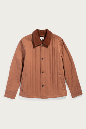 The Bridge & Burn Kenton Jacket in Sienna is a brown lightweight quilted jacket with a dark brown corduroy collar, button-front closure, and two side pockets, shown flat on a light background.