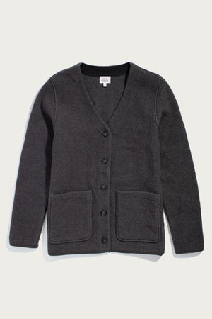 The Bridge & Burn Whit Cardigan in Charcoal is a dark gray, long-sleeve boiled wool cardigan with a V-neck, five black front buttons, and two large patch pockets, shown laid flat on a light background.