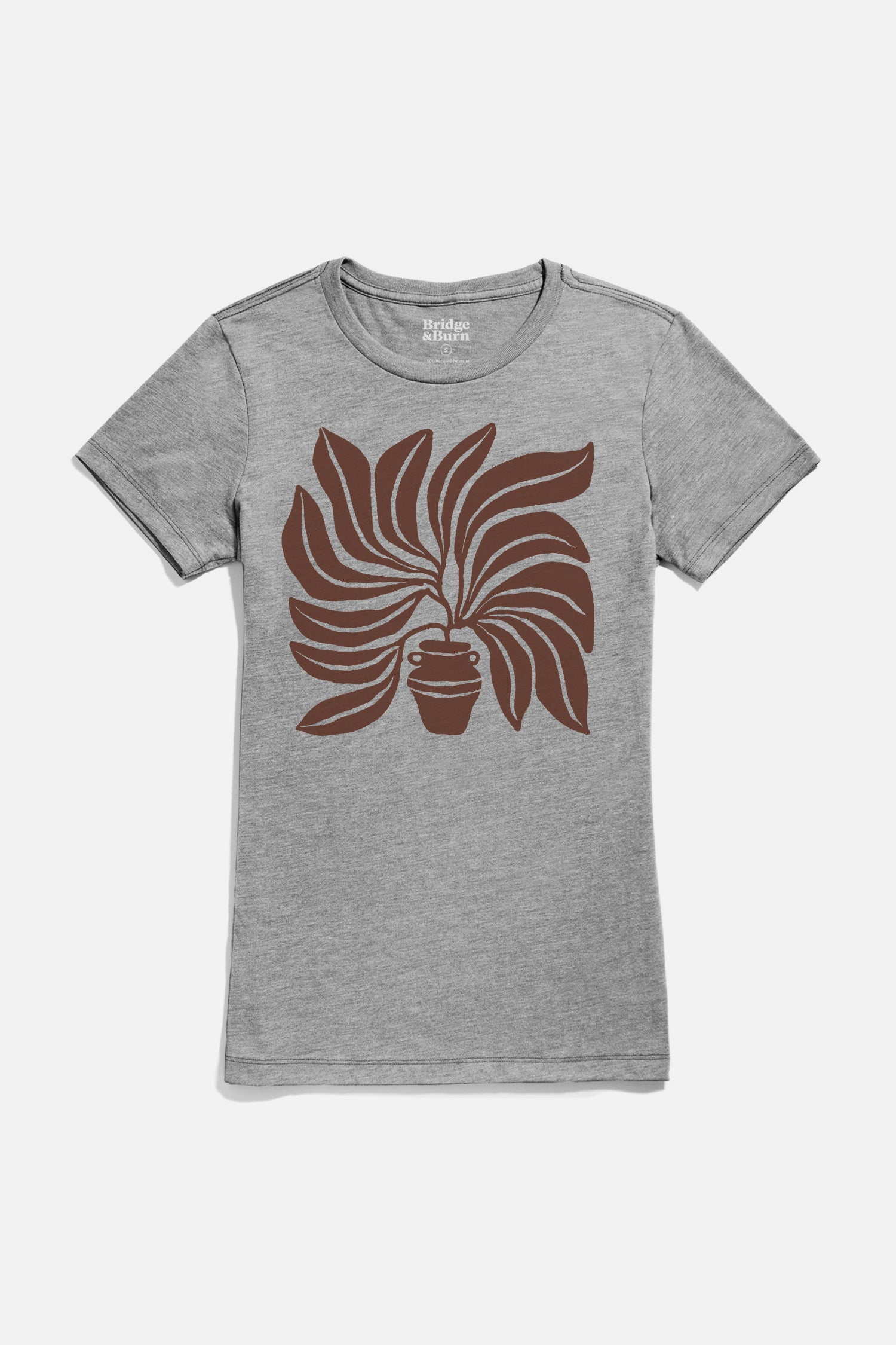 The Women's Grown Tee in grey by Bridge & Burn is a lightweight organic cotton shirt, featuring a large brown graphic of a potted plant with stylized, curving leaves on the front.