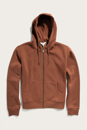 The Bridge & Burn Mason Hoodie in Burnt Umber, made from recycled polyester, features a front pocket and hood drawstrings, displayed flat on a light background.