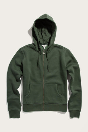 The Bridge & Burn Mason Hoodie in Forest Night is a sustainable zip-front sweatshirt with a drawstring hood and two front pockets, shown flat on a light background.