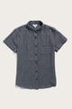 The Bridge & Burn Lana Shirt in Navy Grid is a relaxed fit, short sleeve button up with a collar and chest pocket, crafted from 100% cotton with a dark blue and black checkered pattern, shown laid flat on white.