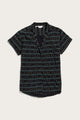 The Bridge & Burn Innes Shirt in Fishbone Ink is a relaxed-fit, short-sleeve button-up featuring a dark base with blue, green, and orange geometric zigzags and dots, finished with a modern lapel collar.