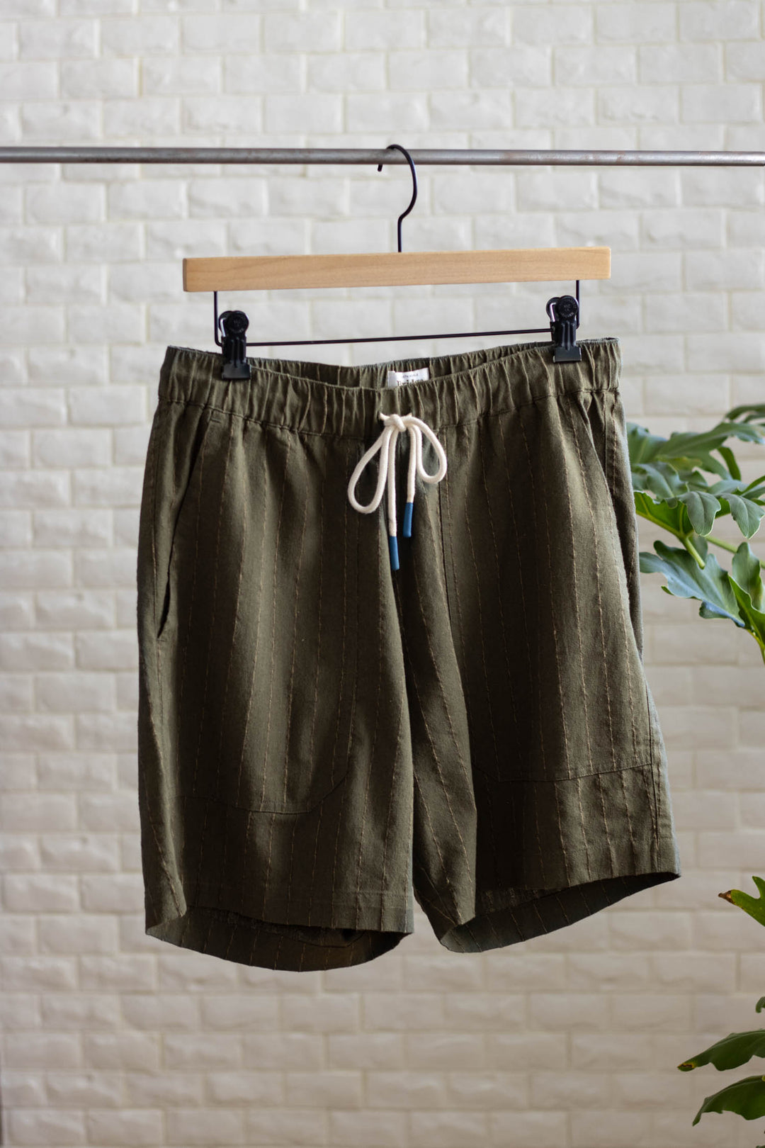 The Bridge & Burn Noah Short in Olive Stripe hangs on a wooden hanger against a white tiled wall, with side pockets and a green plant partially visible on the right.