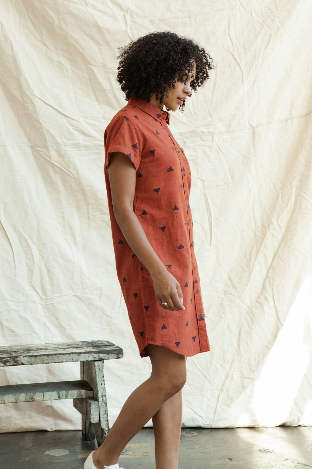 A woman with curly hair stands in profile near a rustic bench, wearing the Bridge & Burn Loren Shirt Dress in Rust Fil-Coupé Pyramids. A cream-colored fabric backdrop is behind her.