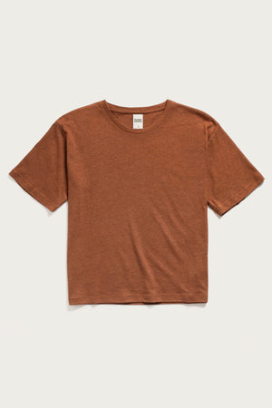 The Bridge & Burn Organic Hemp Boxy Tee in Burnt Umber, featuring short sleeves and a relaxed fit, is displayed flat on a white background.