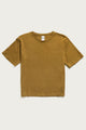 The Bridge & Burn Organic Hemp Boxy Tee in Ochre is displayed on a white background. This vintage-inspired shirt features short sleeves, a crew neckline, and a simple, relaxed fit.