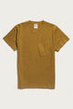 The Bridge & Burn Organic Hemp Pocket Tee in Ochre is a sustainable, short-sleeve t-shirt featuring a round neckline and small chest pocket, shown in mustard yellow on a white background.