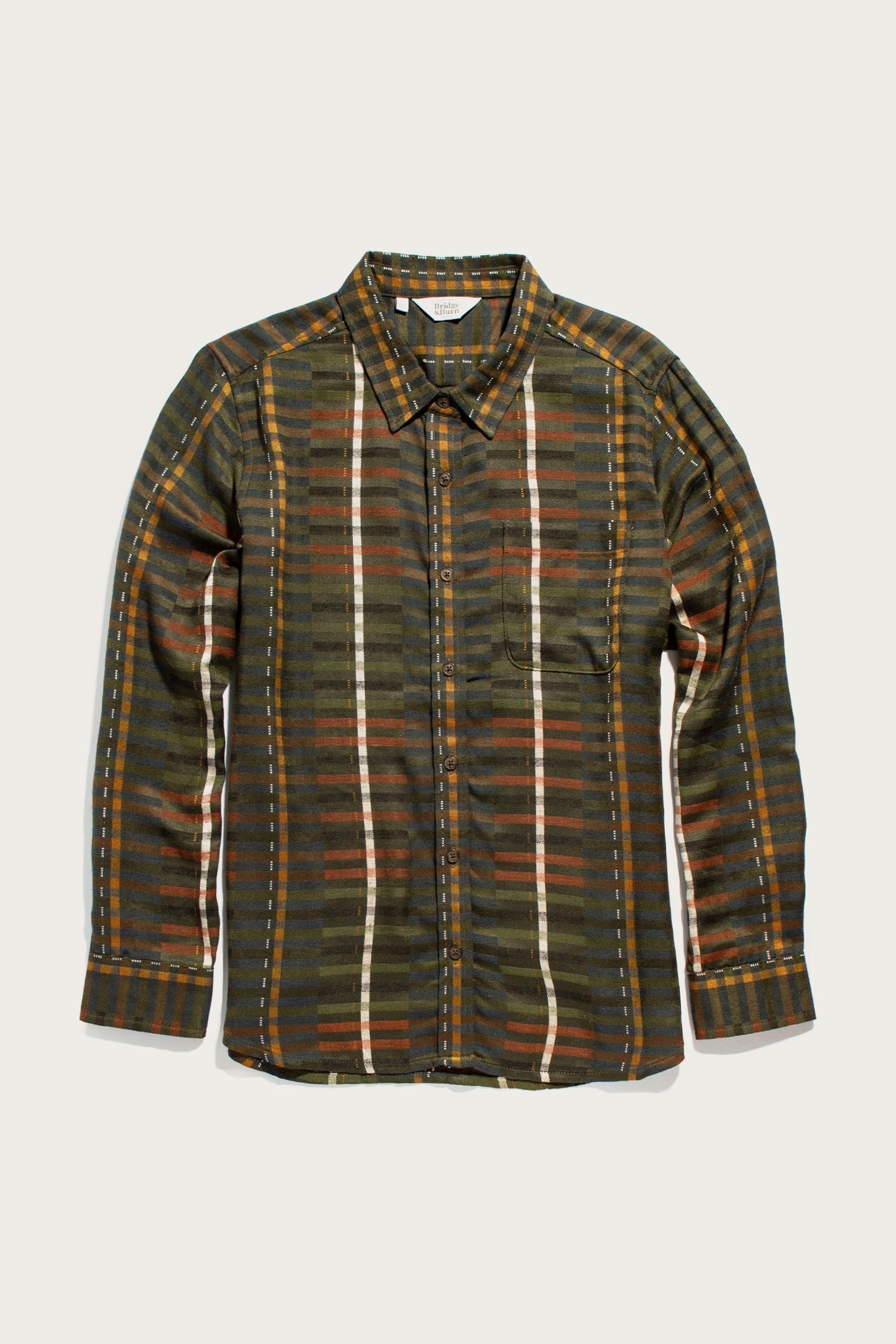 The Bridge & Burn Ash Slim Shirt in Olive Stripe is a slim-fit, button-up long-sleeve with a pointed collar and single chest pocket, shown laid flat on a white background.