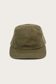 Front view of the Bridge & Burn Camper Waxed 5 Panel Cap in Moss, featuring visible stitching, made in the USA, displayed against a plain light background.