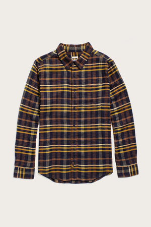 The Bridge & Burn Larson Shirt in Desert Dawn Plaid features a classic fit, long sleeves, a collar, single chest pocket, and soft organic cotton in blue, brown, and yellow brushed flannel for all-day comfort.