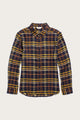 The Bridge & Burn Ash Slim Shirt in Desert Dawn Plaid is a slim fit, long sleeve button-up made from organic cotton, featuring navy blue, yellow, and brown tones. Shown flat on a white background.