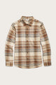 The Bridge & Burn Ash Slim Shirt / Latte Plaid is a slim fit, long-sleeve button-up flannel in beige, brown, and black plaid with a chest pocket and classic collar, shown laid flat on a white background.