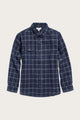 The Bridge & Burn Bird Shirt / Moonrise Windowpane is a navy blue, long-sleeve, button-up flannel with a white windowpane plaid and single chest pocket, made from organic cotton and shown on a plain light background.