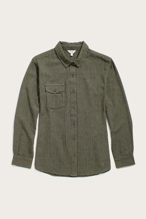The Bird Shirt / Olive Grid Plaid by Bridge & Burn features a relaxed fit, long sleeves, olive and black plaid pattern, pointed collar, chest flap pocket, and straight hem—ideal for classic men's casual style.